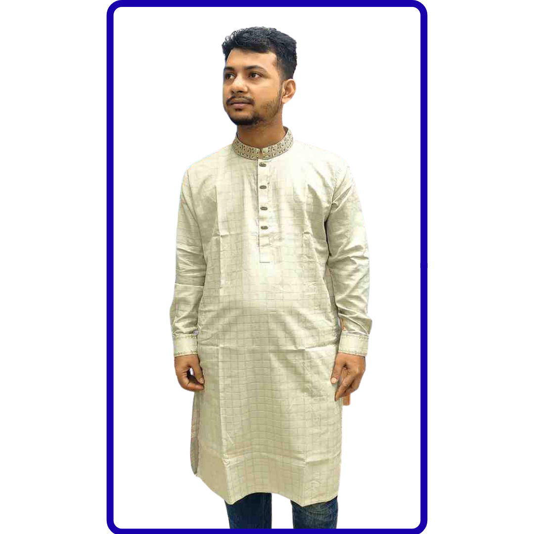  Cotton Check Cuff Sleeves Panjabi backViewImage