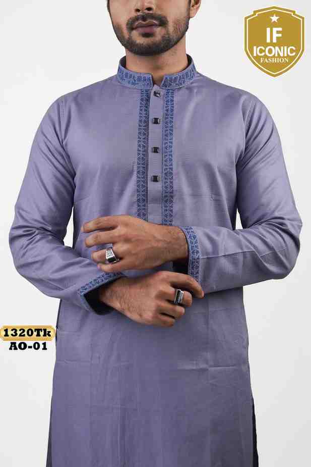 Premium Lavender Blue Cotton Panjabi with Intricate Navy Embroidery backViewImage