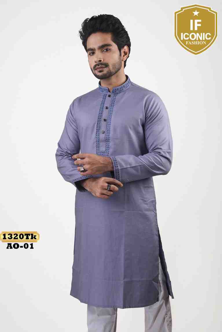 Premium Lavender Blue Cotton Panjabi with Intricate Navy Embroidery