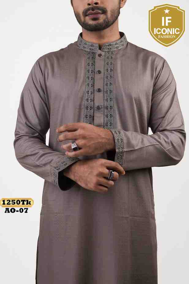Taupe Grey Semi-Long Kurta with Geometric Work backViewImage