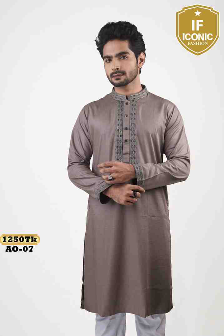Taupe Grey Semi-Long Kurta with Geometric Work thumbnailImage