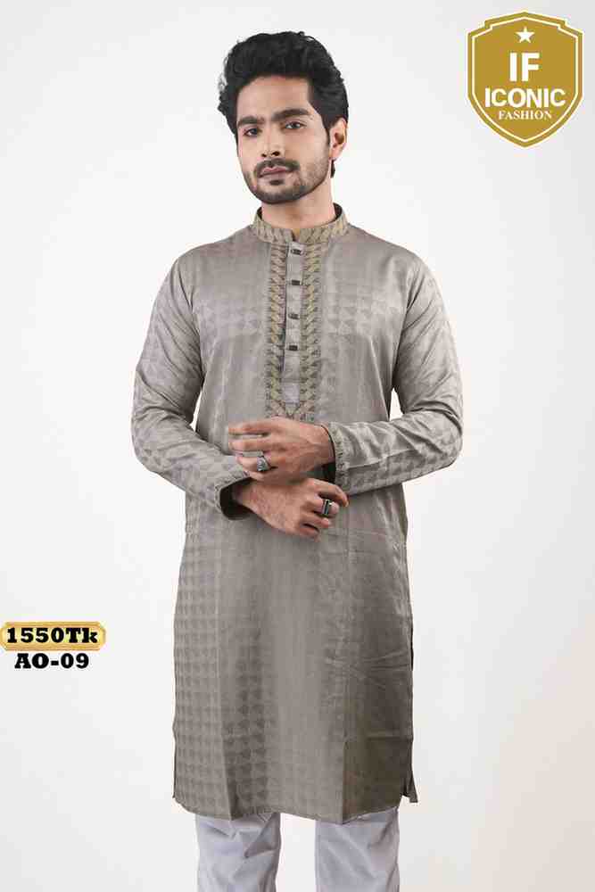 Grey Patterned Kurta with Detailed Golden Placket Embroidery