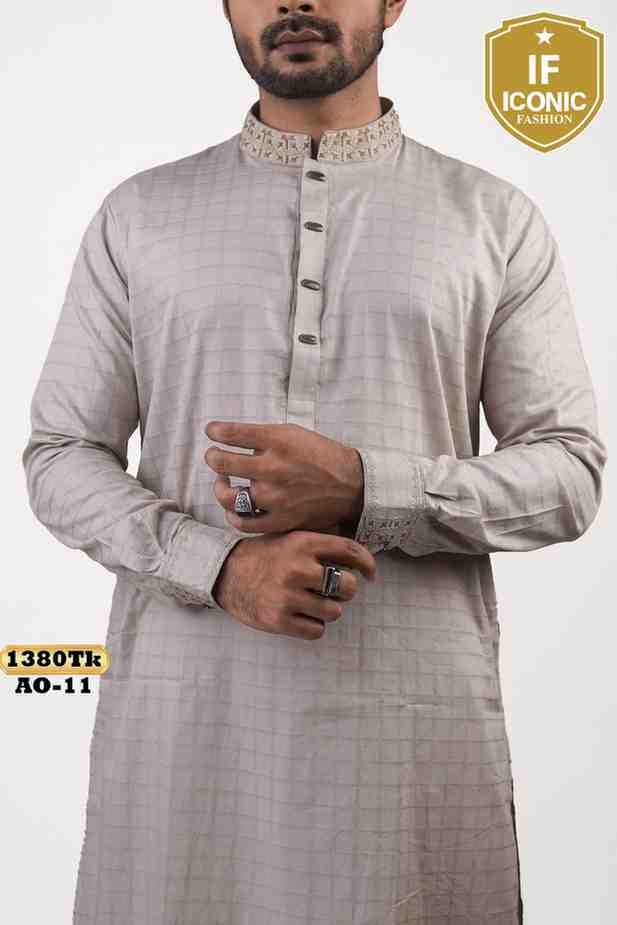 Light Beige Checkered Panjabi Embroidery Design backViewImage