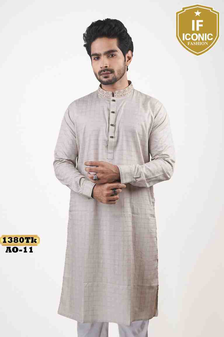 Light Beige Checkered Panjabi Embroidery Design