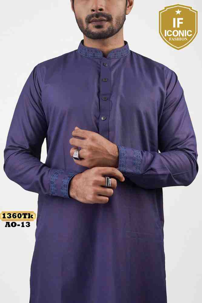 Royal Purple Panjabi with Minimalist Blue Embroidered backViewImage