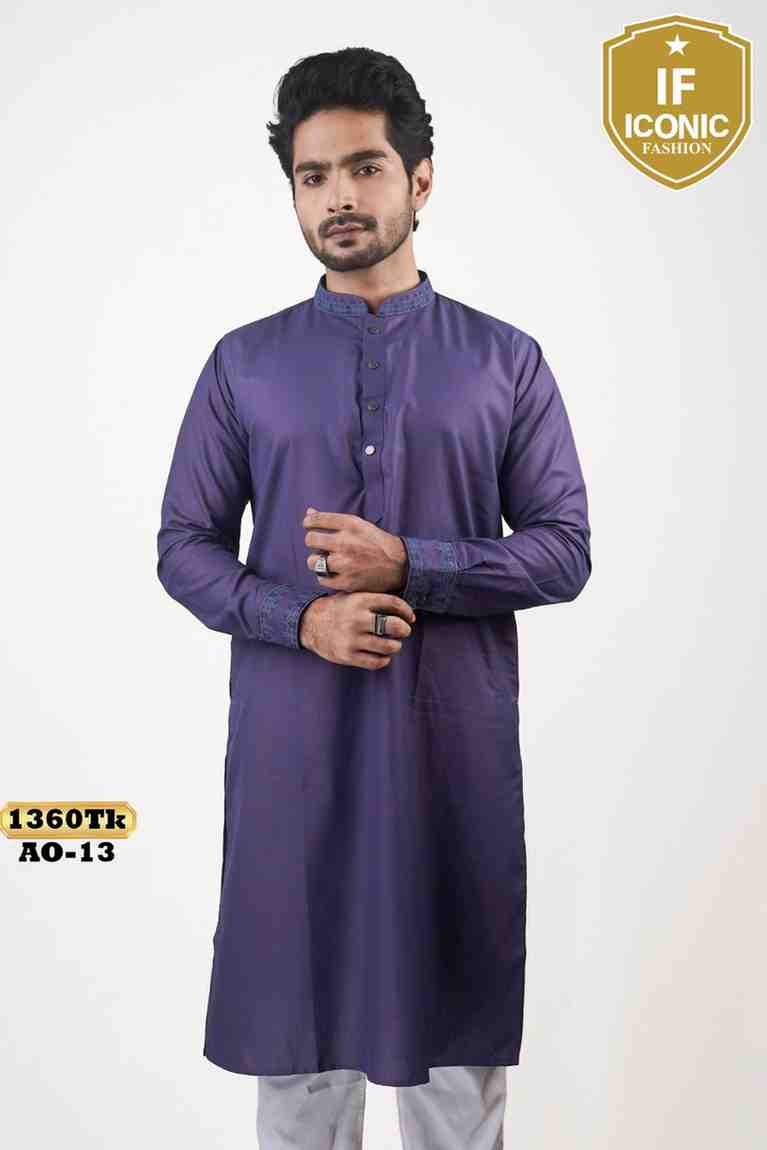 Royal Purple Panjabi with Minimalist Blue Embroidered thumbnailImage