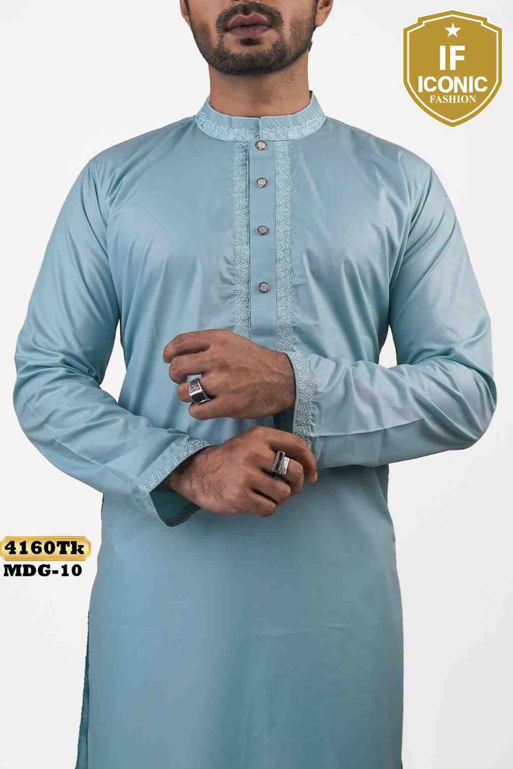 Men's Premium Sky Blue Pakistani Peshwari Cotton Panjabi backViewImage