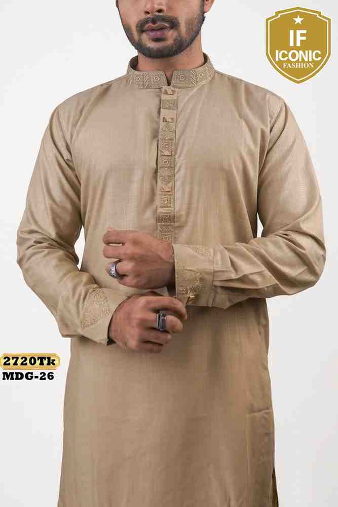 Men's Premium Beige Embroidered Festive Panjabi backViewImage