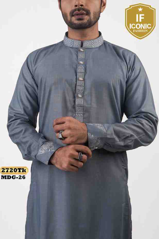 Elegant Steel Grey  Panjabi with Neck Detail backViewImage