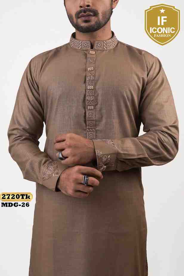 Men's Premium Tan Brown Embroidered Panjabi backViewImage