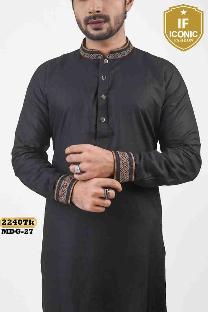 Premium Quality Black Panjabi with Neck Embroidery backViewImage