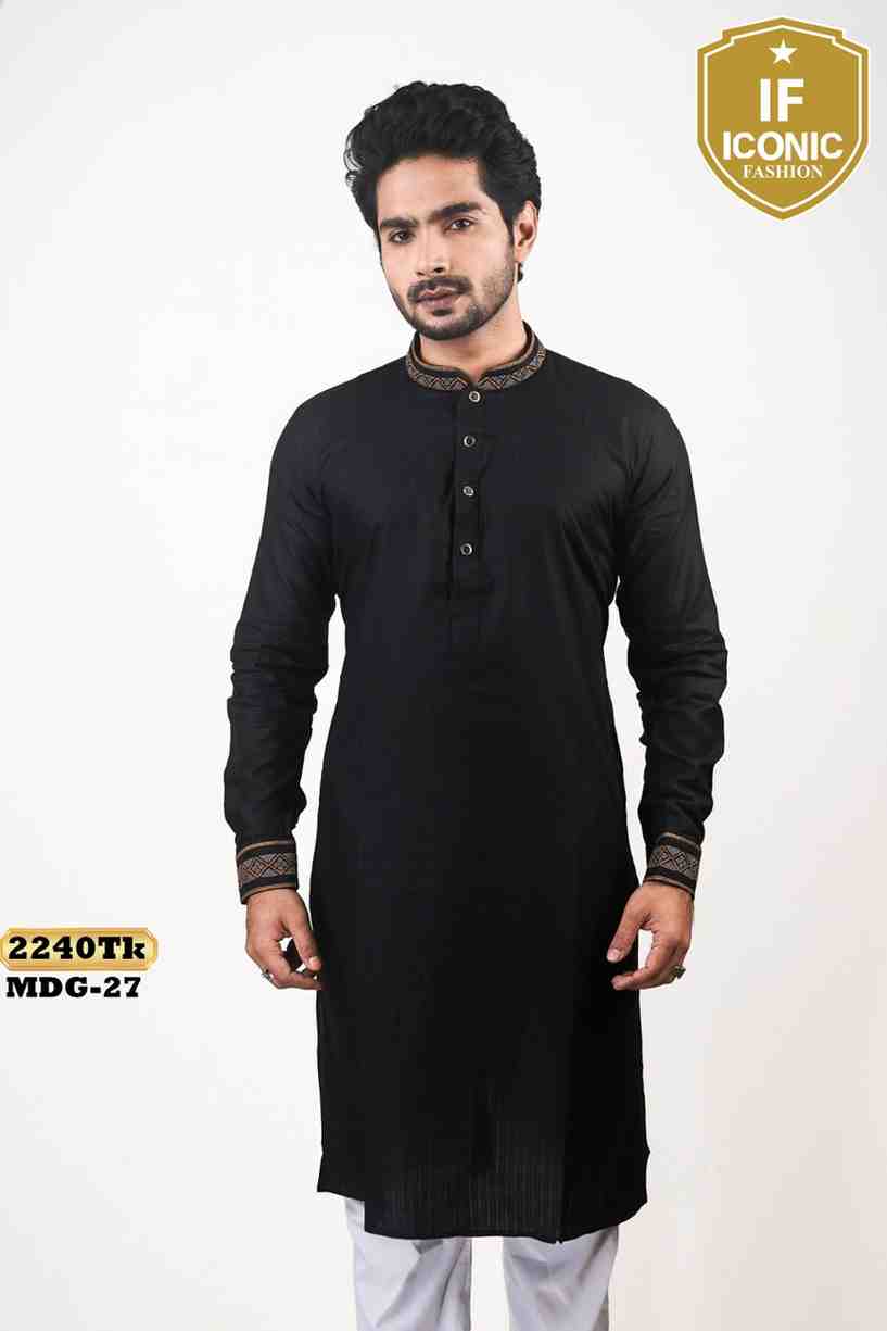Premium Quality Black Panjabi with Neck Embroidery thumbnailImage