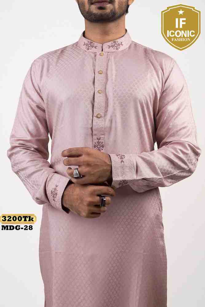 Premium Rose Pink Jacquard Panjabi for Men backViewImage